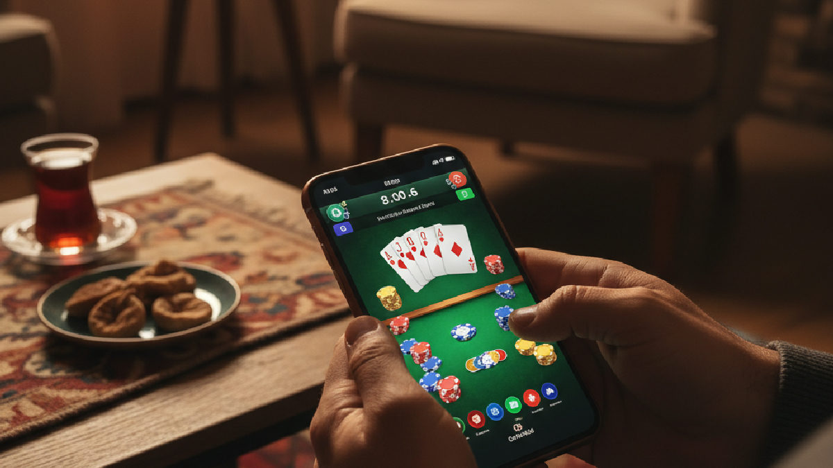 Mobil cihazda online casino poker oyunları arayüzü.